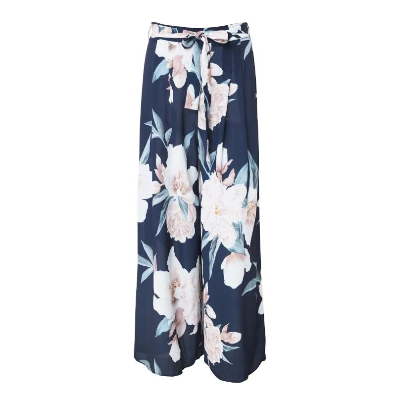 Sash Floral Print Wide Leg Elastic Loose Boho Casual Pants For Women