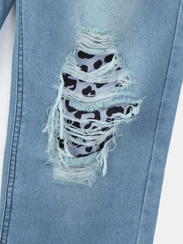 Women Ripped Leopard Frayed Distressed Rigid Mid Waist Casual Jeans