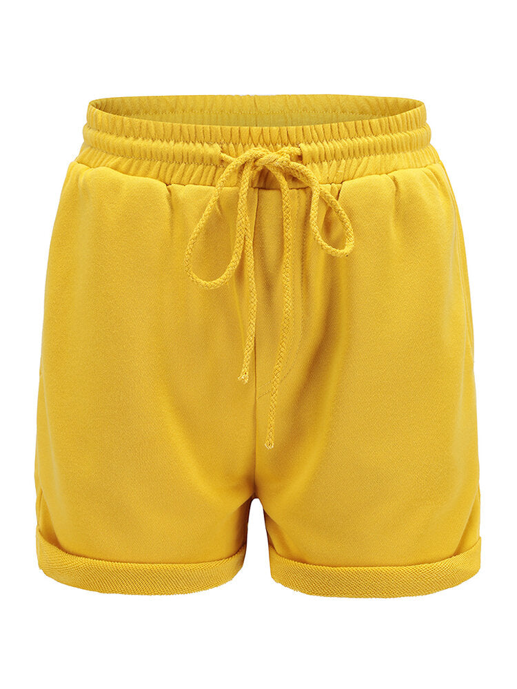 Women Simple Solid Color Drawstring Pocket Casual High Waist Shorts