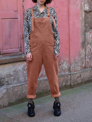 Women Corduroy Solid Color Lace-up Chest Side Pockets Casual Jumpsuit