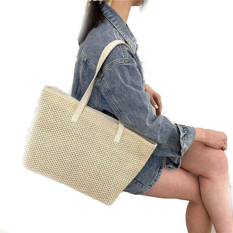 Fashion Women Beach Summer Straw Woven Pure Color Shoulder Shopping Tote Bag Casual Ladies Large Capacity Handbags