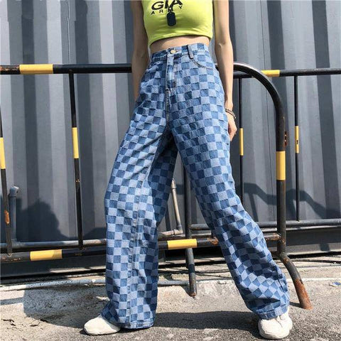 Vintage Hot Mid Waist Washed Loose Long Jeans With Plaid Pattern