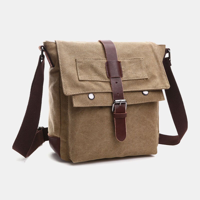 Men's Retro Canvas Leather Crossbody Bag with Back Zipper and Large Capacity
