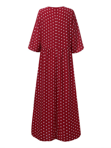 Women Loose O-neck Polka Dot 3/4 Sleeve Maxi Dress
