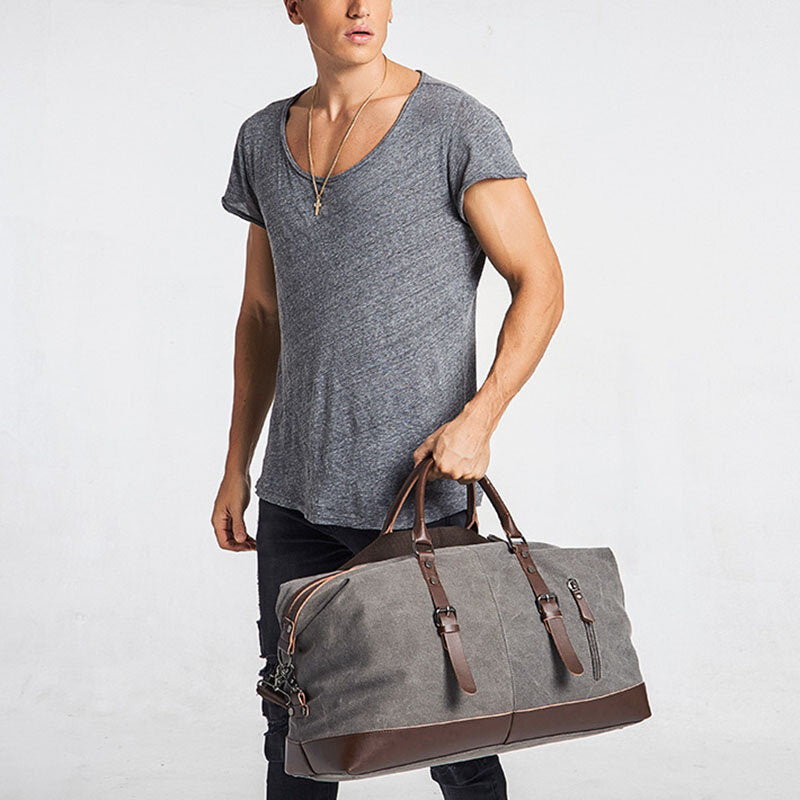 Men's Canvas PU Leather Multi-Pocket Travel Duffle Shoulder Bag