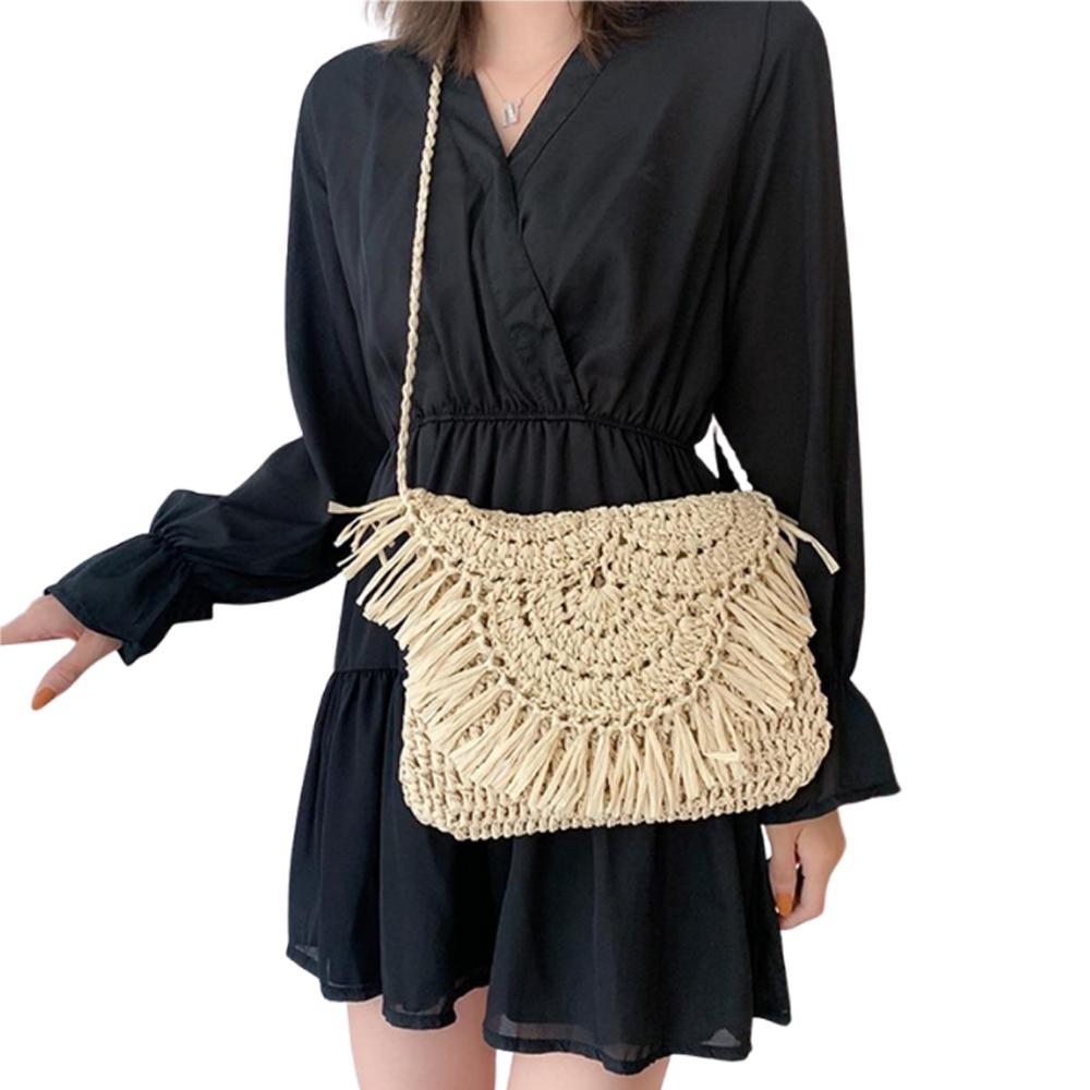 Vintage Ladies' Handmade Rattan Woven Handbag With Tassel