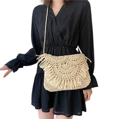 Vintage Ladies' Handmade Rattan Woven Handbag With Tassel