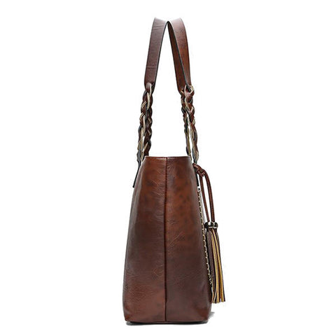 Women Retro Faux Leather Tote Bag Solid Tassel Leisure Shoulder Hangbag