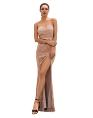 Love&Lemonade  Champagne Tube Top Cut Out Fish Tail Shaped Elastic Sequin Material Long Dress LM1055