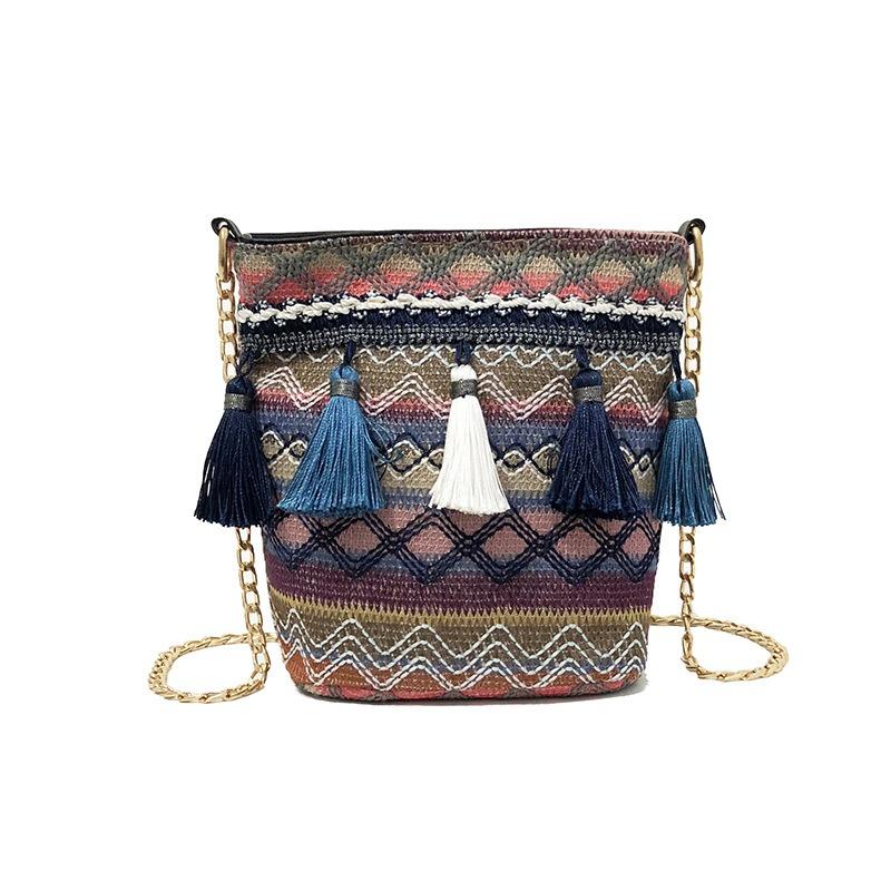 Women Weaving Tassel National Crossbody Bag Chic Bucket