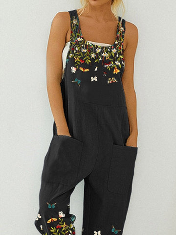 Butterfly Flower Print Strap Button Pocket Casual Jumpsuit Overalls For Women
