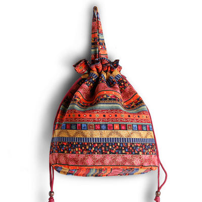 Women Ethnic Canvas String Bucket Bag Crossbody