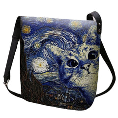 Women Felt Cute Casual Cartoon Cat Pattern With Starry Night Galaxy Paintings Crossbody Bag Shoulder