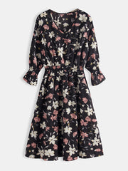 Long Sleeved V-neck Floral Print Chiffon Mini Dress