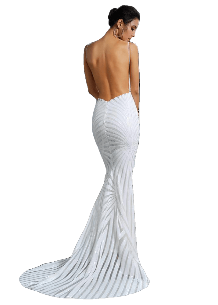 Love&Lemonade White Deep V Neck Open Back Geometry Sequins Long Dress  LM81225 Autumn/Winter