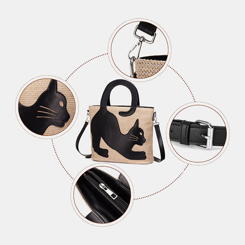 Women Straw Artificial Leather Cat Patch Crossbody Bag Large Capacity Versatile Beach Shoulder Handbag