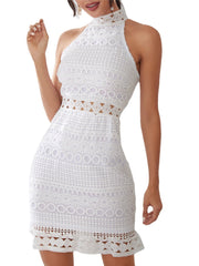 White Lace Hollow Out Design High Neck Off Shoulder Sleeveless Dress