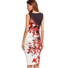 Fashion Sleeveless Print Slim Bodycon Midi Office Dress - Sheseelady