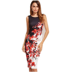 Fashion Sleeveless Print Slim Bodycon Midi Office Dress - Sheseelady