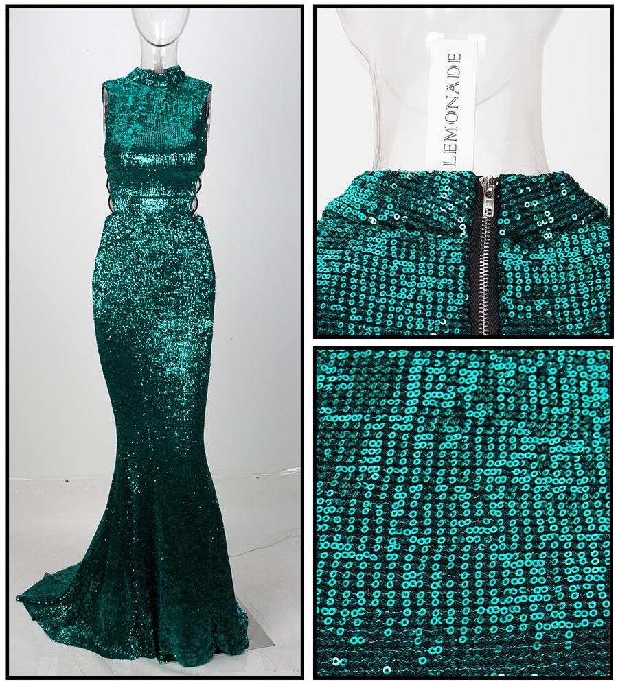 Love&Lemonade   Green Collar Side Cut Out Fishtail Slim Elastic Sequins Long Dress LM1151