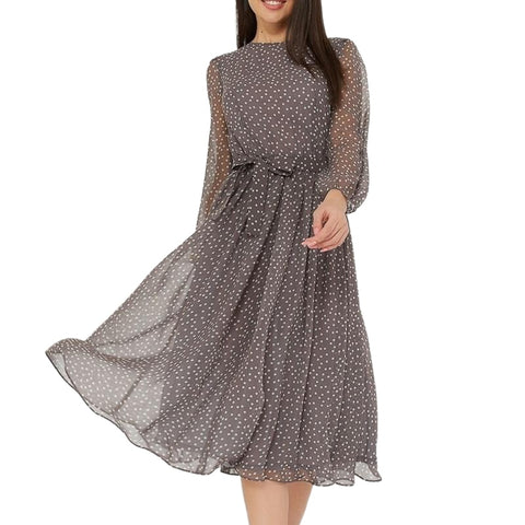 Elegant Stylish Ladies' O-neck Long Sleeve Chiffon Dress With Dot Print
