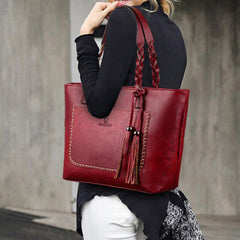 Women Retro Faux Leather Tote Bag Solid Tassel Leisure Shoulder Hangbag