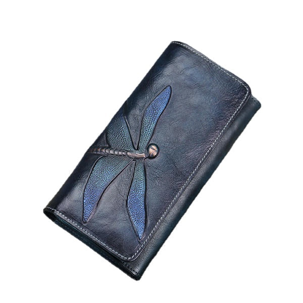 National Style Genuine Leather Trifold Long Wallet Card Holder Phone Bag Purse For Women