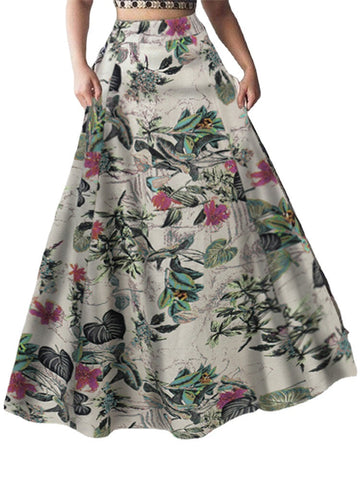 Women 100% Cotton Plant Floral Print High Waist Bohemia Maxi Skirts