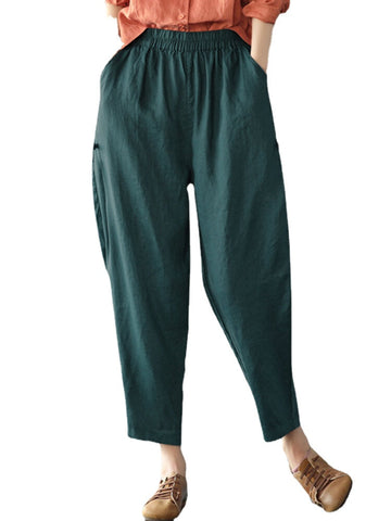 Solid Pocket Elastic Waist Casual Cotton Pants