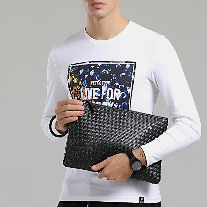 Unisex Faux Leather A4 Business File Bag Clutch with Woven Pattern