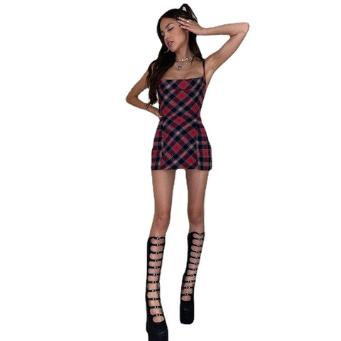 Hot Girl's Temperament Checkered Slim-Fit Cute Strap Dress