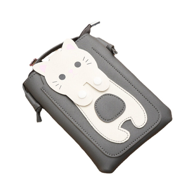 Women Faux Leather Super Cute Cat Kitty Pattern 6.3 Inch Phone Bag Small Storage Crossbody