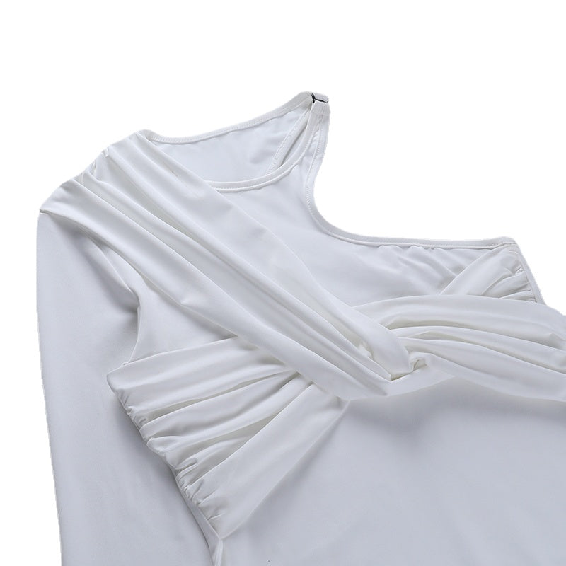 One-Shoulder Twisted Splicing Pleated Slim-Fit Asymmetric T-shirt