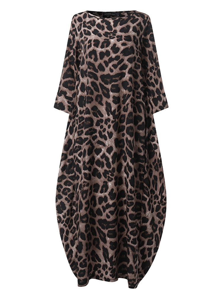 Women Leopard Print Crew Neck Loose Baggy Maxi Dress