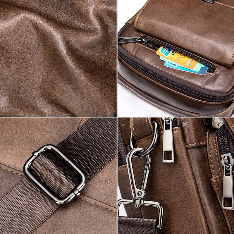 Men's Genuine Leather Anti-theft Crossbody Bag, Retro Multi-pocket Wear-resistant Shoulder Messenger