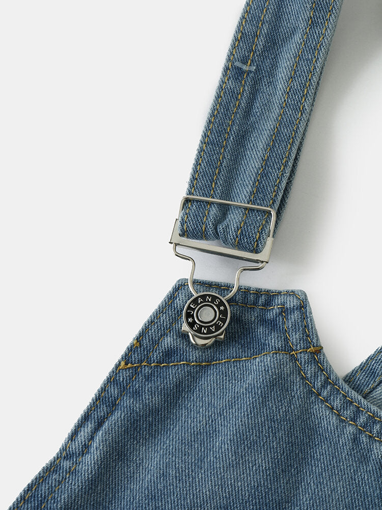 Women Solid Button Pocket Denim Casual High Waist Brief Jumpsuit