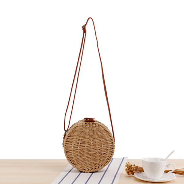 Women Round Woven Straw Crossbody Bag Solid Beach