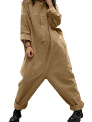 Women Corduroy Solid Color Half Button Long Sleeve Vintage Casual Cargo Jumpsuit With Pocket