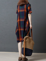 Plaid Button Pocket Lapel Short Sleeve Casual Midi Dress