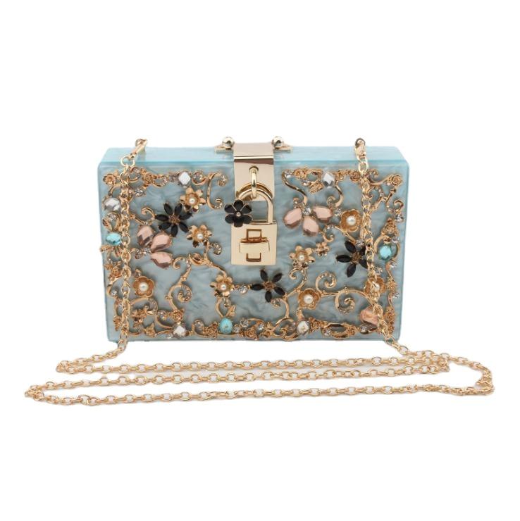Luxury Trendy Women's Acrylic Box Clutch With Crystal Floral Pattern For Wedding Party