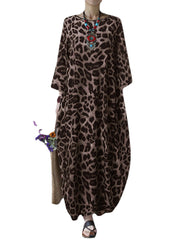 Women Leopard Print Crew Neck Loose Baggy Maxi Dress