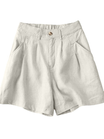 Cotton Solid Pocket Ruched Button Casual Shorts