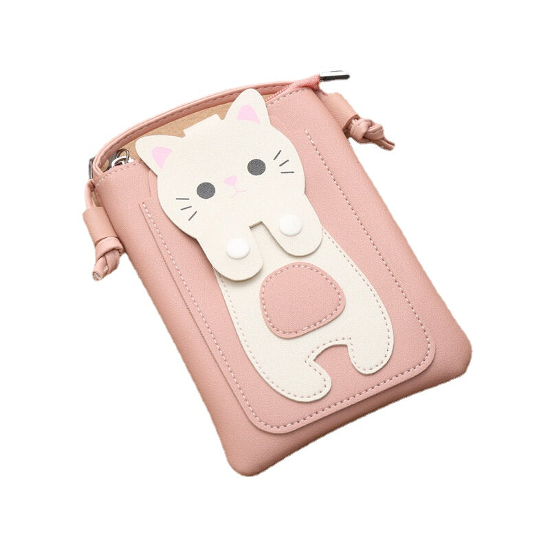 Women Faux Leather Super Cute Cat Kitty Pattern 6.3 Inch Phone Bag Small Storage Crossbody