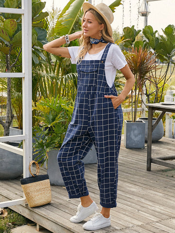 Women Grid Adjustable Strappy Sleeveless Casual Jumpsuits With Flap Pocket