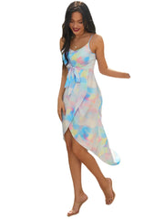 Tie-dye Print V-neck Bow Belt Irregular Hem Split Sling Maxi Dress