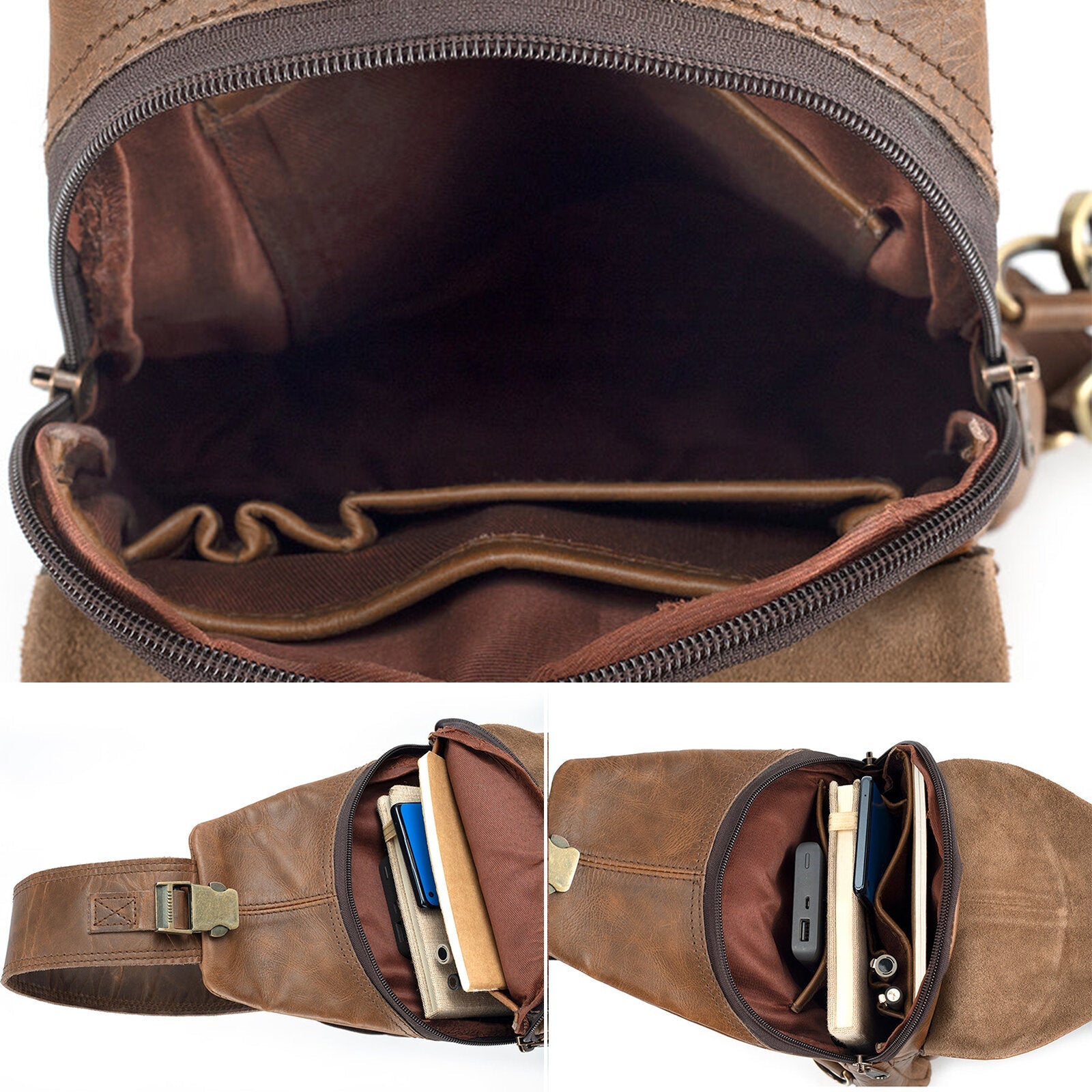 Men Artificial Leather Vintage Chest Bag Multi-compartment Large Capacity Zipper Shoulder Bag Chest Bag