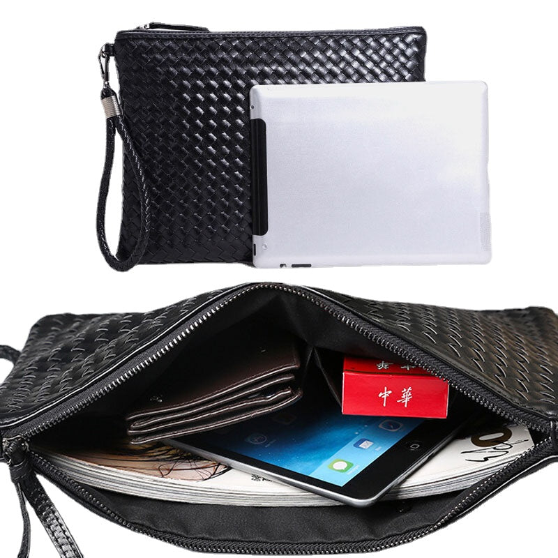 Unisex Faux Leather Woven Pattern Solid Color Business A4 Paper File Bag Envelope Bag Clutch Bag