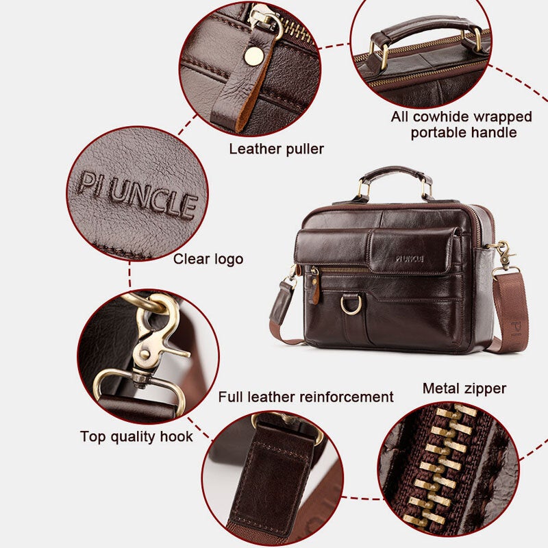 Men's Genuine Leather Crossbody Bag, Multi-pocket, Large Capacity, Retro 6.5" Phone Briefcase Shoulder Handbag