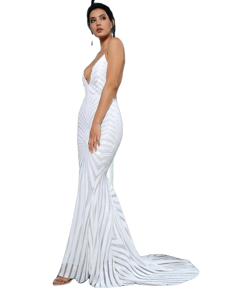Love&Lemonade White Deep V Neck Open Back Geometry Sequins Long Dress  LM81225 Autumn/Winter