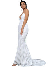 Love&Lemonade White Deep V Neck Open Back Geometry Sequins Long Dress  LM81225 Autumn/Winter